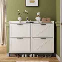 New Contemporary Shoe Storage Cabinet for Entryway, White Narrow with 4 Flip Drawers