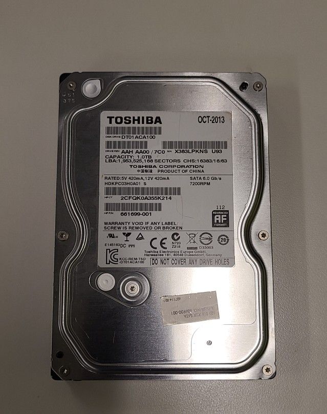 Toshiba 1 Terabyte Hard Drive - Works Good