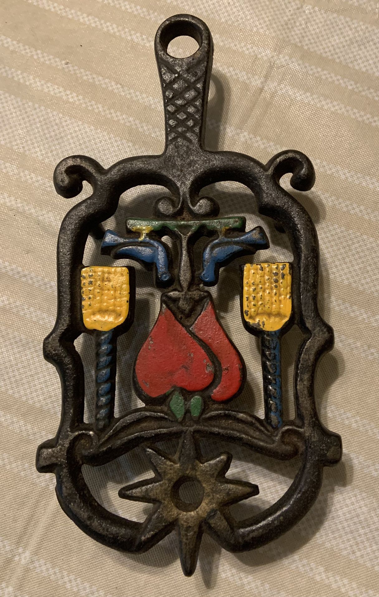 Vintage Hearts and Bluebirds Brooms Cast Iron Trivet