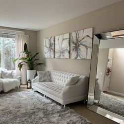 Velvet like White couch and chair with acrylic legs