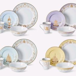 Disney Princess 16-Piece Dinnerware Set | Cinderella, Jasmine, Ariel, Belle