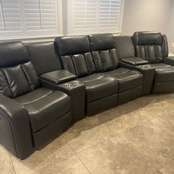 New 4 Reclining Theatre Sectional .  Grey Or Blue Gel Leatherette .  138” X 38”.  Free Delivery !