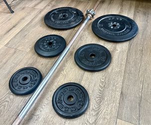 Gently USED Cast Iron Standard Weight Plates  & 6 ft Standard  Bar [Total: 100 lbs].