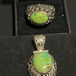 Gorgeous Green Turquoise & Sterling .925 Set Ring (8) & Pendant - New with Tags