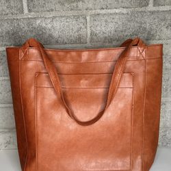 Cognac Vegan Leather Tote Bag Large Work Laptop Purse Snap closure