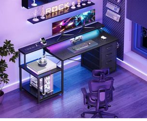 55" Computer Desk with Storage, 4 Drawers, Power Outlet & Monitor Stand, Black