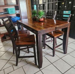 Wood Counter Height Dining Room Table and 4 Ladder Back Chairs