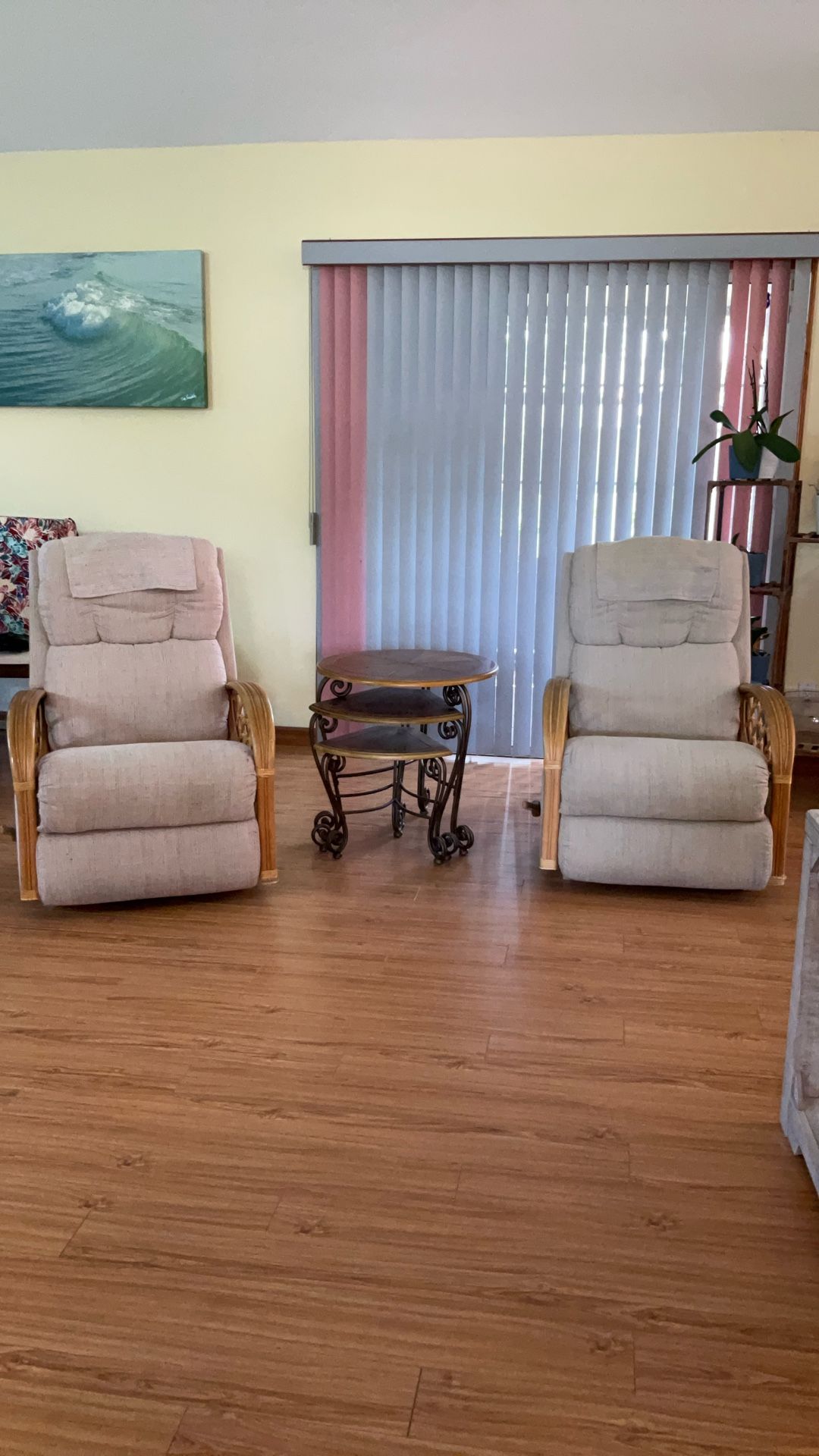 2 Cloth Rockers That Recline. And Table. Glass End Table With Coffee.
