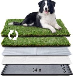 HQ4us Large Dog Grass Pee Pad with Tray, Dog Litter Box Toilet 34"×23", 2×Artificial Grass for Dogs with Anti-Bite Edge, Pee pad, Realisti, Less Stink