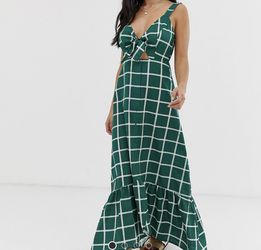 ASOS Petite Green Checkered Cotton/Linen Maxi Dress Size 00