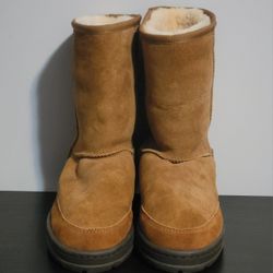EUC Women's Brown Beige Shearling Suede Sheepskin Lined Mid Calf Winter Boots Size 6 US M6