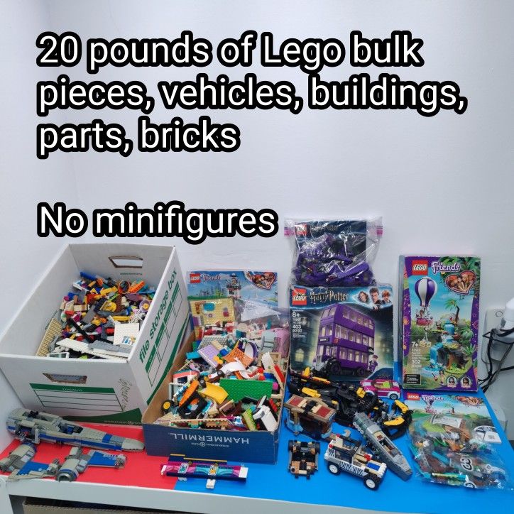 20 pounds of Lego bulk bricks, vehicles, buildings, pieces, parts