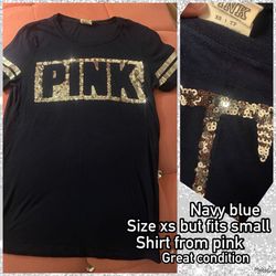 $8 Xs(fits Small)navy Blue Sparkly Pink Shirt