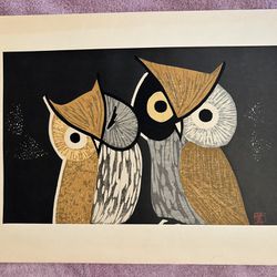 Japanese Mid Century block Art Owls