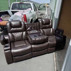 Brown Leather Reclining Sofa w/ Cup Holders - Super Comfortable