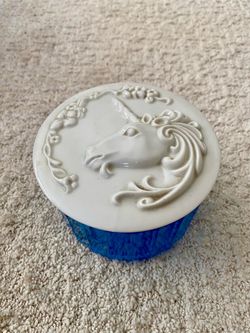 Vintage Blue Glass Unicorn Powder Jar with UNICORN
