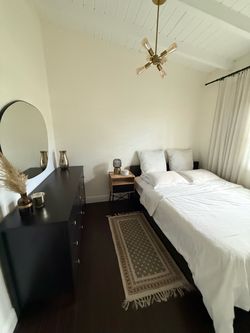 Bed frame, night stand, dresser, light pendant, and TV