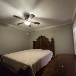 Vintage Wooden Queen Bed & Dresser with Mirror