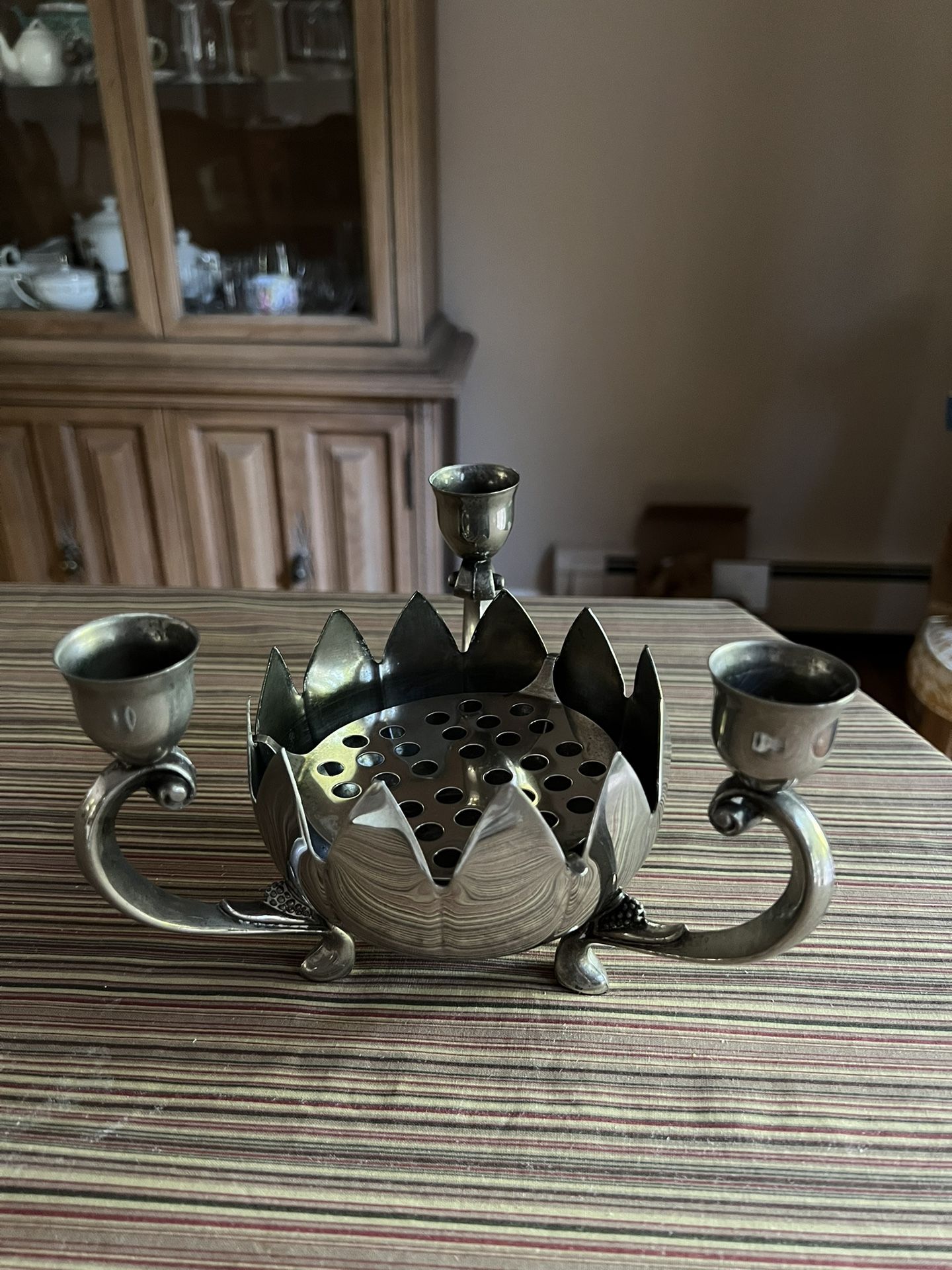 Vintage Silverplate Lotus Flower Centerpiece with Triple Arm Candle Holders – Ornate Pedestal Bowl & Candelabra