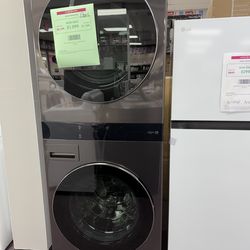 WashTower Stacked SMART Laundry Center 5.0 Cu.Ft. Front Load Washer & 7.4 Cu. Ft. Gas Dryer in Black Steel w/ Steam