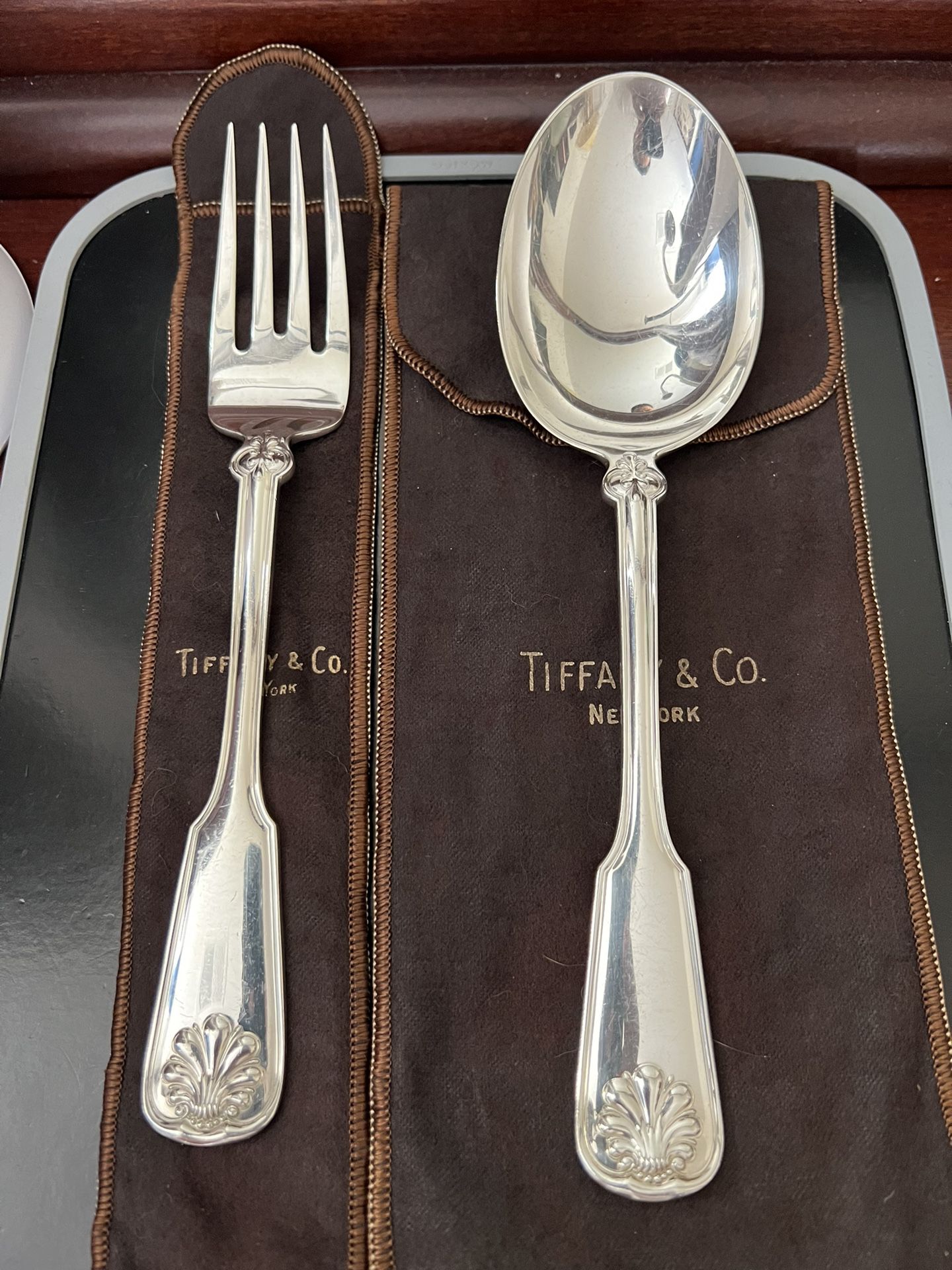 TWO VINTAGE AUTHENTIC TIFFANY & CO -STERLING SILVER BIG SIZE SPOONS AND FORK 217 GRAMS OF STERLING SILVER 
