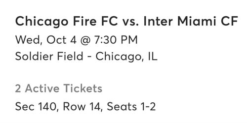 Chicago Fire Vs Inter Miami Tickets $500