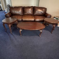 Leather Couch, Coffee Table, and End Tables