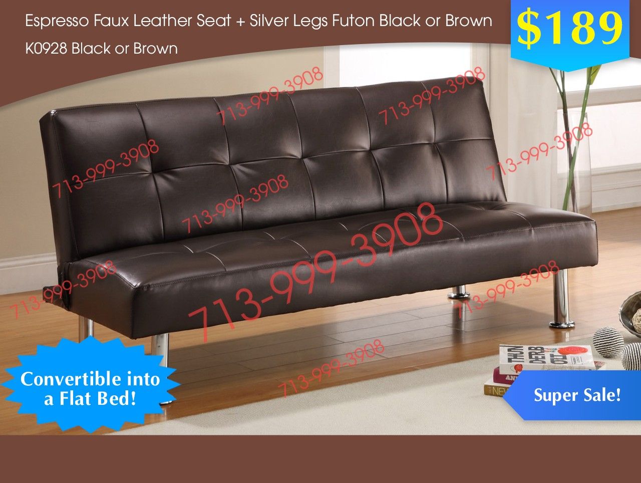 ESPRESSO FAUX LEATHER SEAT + SILVER LEGS FUTON BLACK OR BROWN K0928OR BROWN