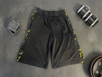 Men's Athletic Mesh Shorts Black/Green/Gray Geometric Panels L 34W 10" Gym