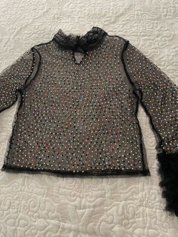 Black Sheer Mesh Rhinestone Long Sleeve Top size M