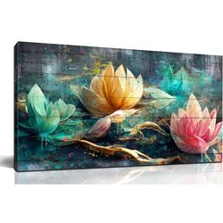 Flower Wall Art for Living Room, Floral Canvas Wall Decor for Bedroom, Teal Vintage Print Painting, Colorful Artwork for Home, Aesthetic Picture Decor