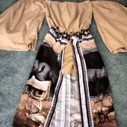 Beige Cabin Scene Maxi Romper