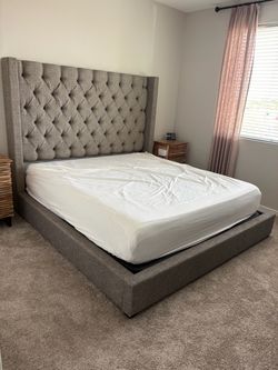 King Upholstered Bed Frame with Tufted Wingback Headboard