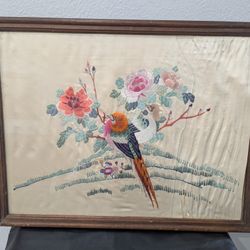 Antique Asian Framed Silk Embroidery Art Featuring Birds and Flowers 25"x 19"