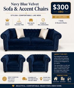 Navy Blue Velvet Sofa & 2 Accent Chairs – Modern Chesterfield Set