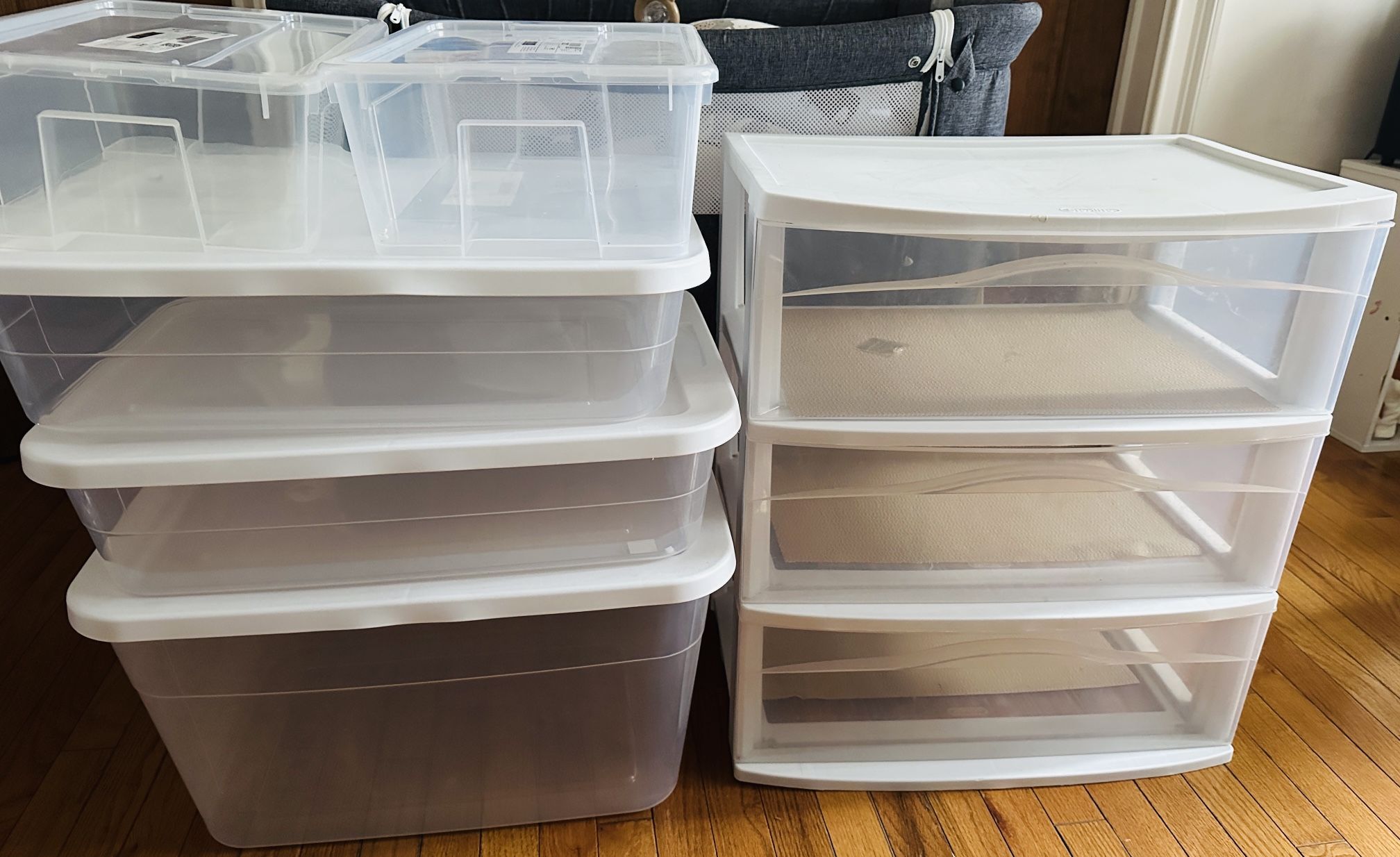 Plastic Storage Bins & 3-Drawer Organizer – Great Condition! - $20