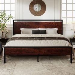 King Size Platform Bed Frame Industrial Wood and Metal Platform Bed Frame