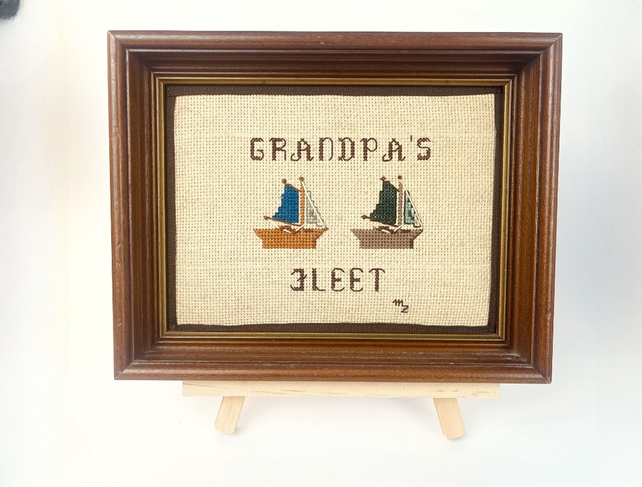 Vintage Handmade Needlepoint Crossstitch Framed 1980s Sailboat Grandpa's Fleet