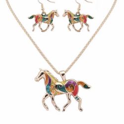 Women Gift Pendant Gold Plated Enamel Running Horse Set