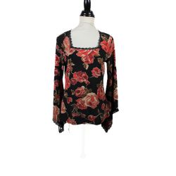 Vintage 1990s Whimsigoth Gothc Witchy Rose Bell Sleeve Blouse Size Large