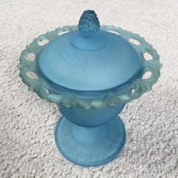 Vintage INDIANA GLASS Frosted Blue Glass Candy Dish w/ Lid Grapes Open Lace Edge