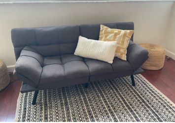 Modern Sofa Bed + Rug + 2 Poufs + Cushions – Complete Set –