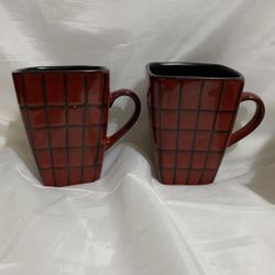 Home Tamarask 2 Red & black Checkered Mugs Brick Pattern Stoneware Coffee Cups
