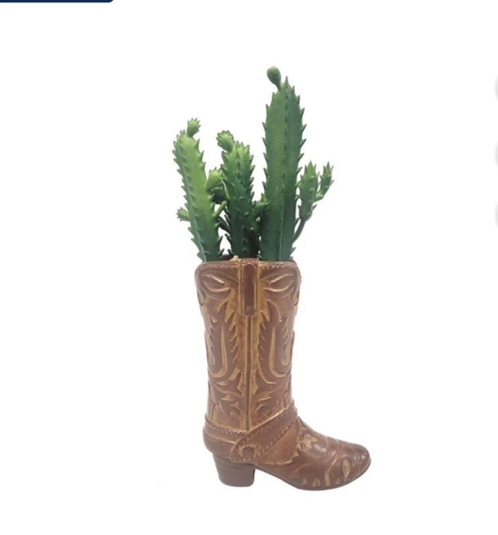 Artificial Cactus Succulent in Brown Ceramic Cowboy Boot Planter Decoration