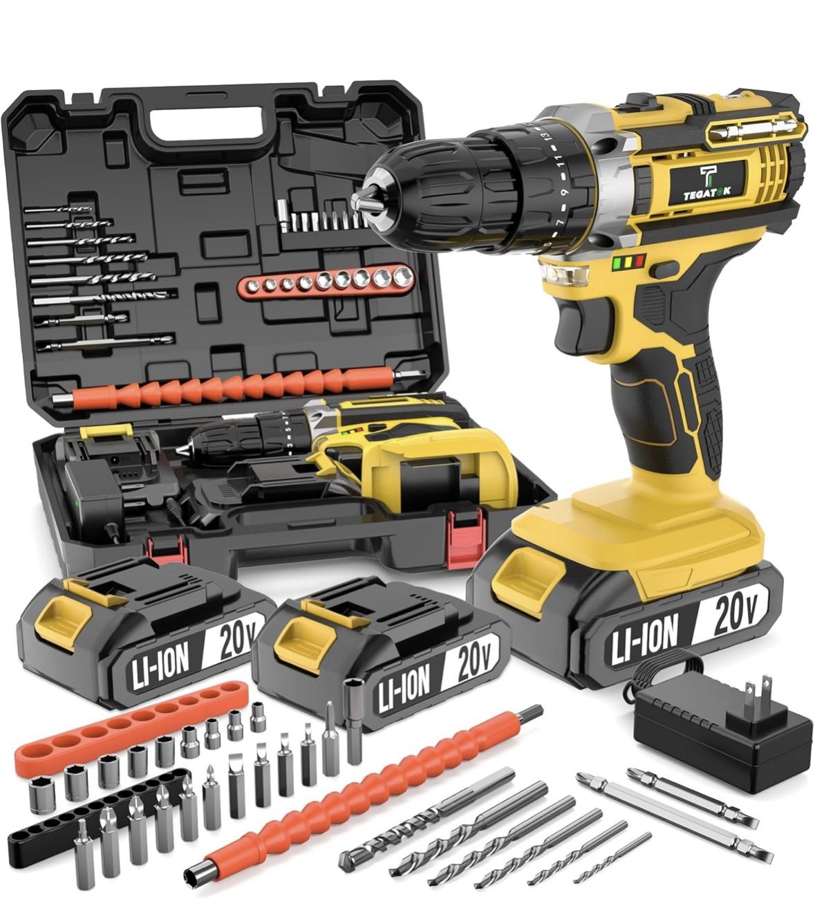 20V Cordless Drill/Driver, Electric Screwdriver - 2 Batteries, 30Nm, 21+1 Torque, 2 Speed, Keyless 3/8" Chase with LED Light (20V Drill (Yellow))