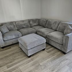 Brand New Sectional Light Grey Corduroy Fabric W/ Ottoman $599