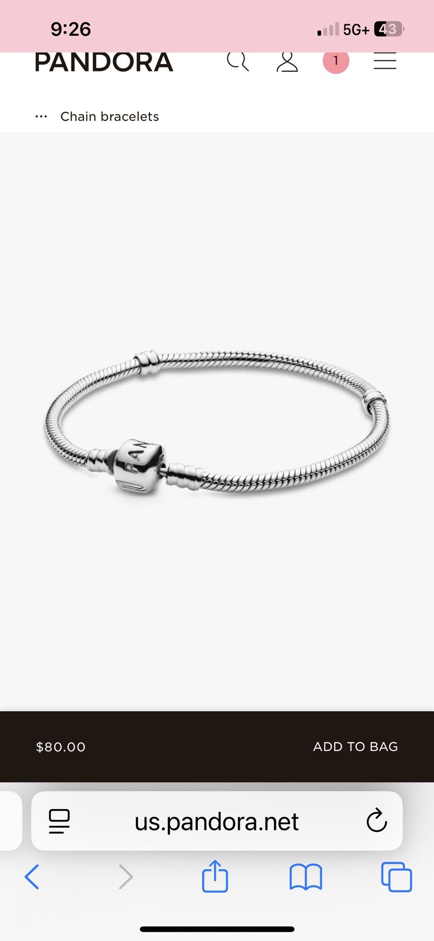  Pandora Moments Snake Chain Bracelet 7.5”