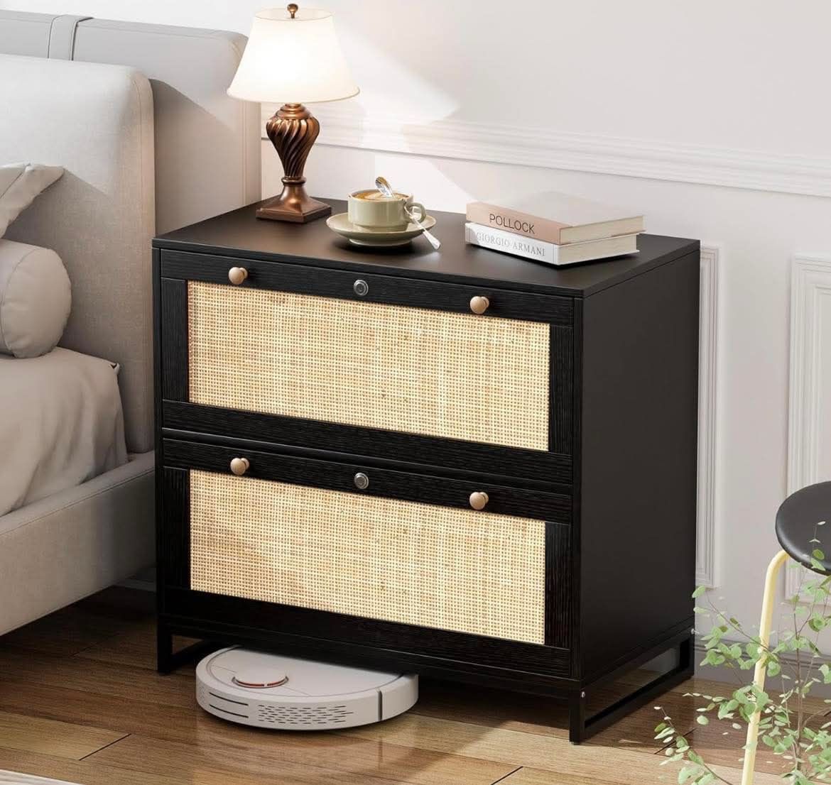 NEW IN BOX-Black Rattan Lateral File Cabinet with 2 Lockable Drawers, Wooden Locking File Cabinets for Home Office, Hanging Printer Stand for Size-Lab