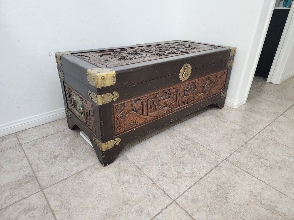 Chinese Antique Vintage Wooden Handcarved Chest Trunk 1950s George Zee & Co.