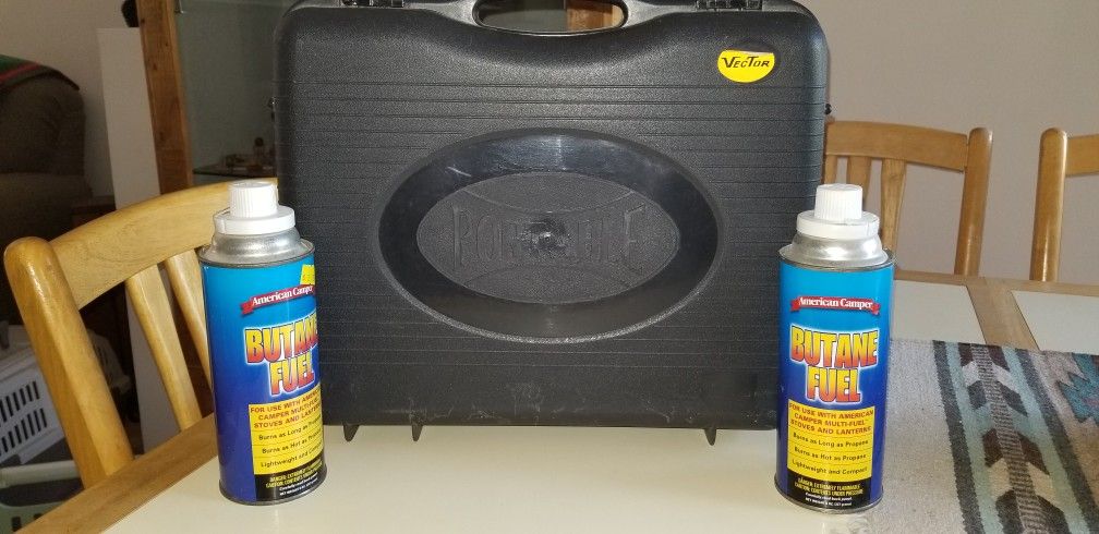 NEVER USED VECTOR INDOOR OUTDOOR SINGLE BURNER BUTANE STOVE IN CASE. CAMPING, DORM,ENTERTAINING ETC.. 2 NEW BUTANE FUELS.